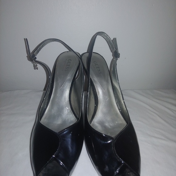 Black pleather slingback peeptoe heels - Picture 6 of 13